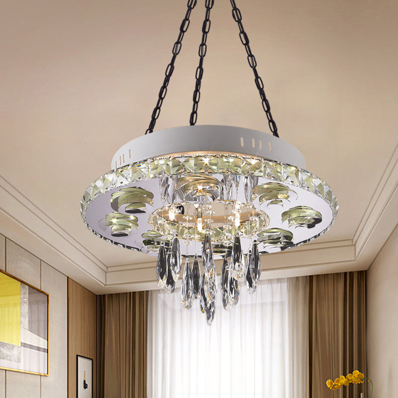 Contemporary Crystal Chandelier - White Circular Design With 6 Lights And Droplets