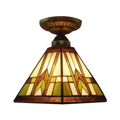 Antique Brass Mission Ceiling Light with Art Glass Shade - Pyramid Semi Flush Mount for Hallway