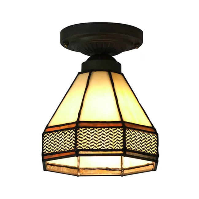 Mission Style Antique Brass Stained Glass Ceiling Light Fixture - Mini Semi Flush, 7"H x 6.5"D