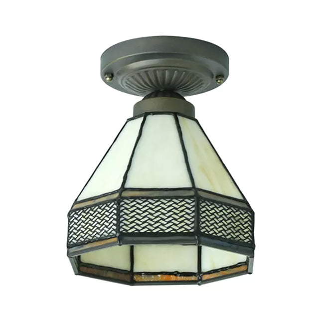 Mission Style Antique Brass Stained Glass Ceiling Light Fixture - Mini Semi Flush, 7"H x 6.5"D