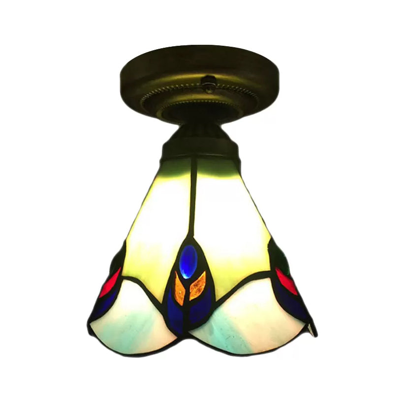 Tiffany Style Floral Semi Flush Ceiling Light Fixture in Aged Brass for Bedroom - Stained Glass, 6.5" W x 5" H