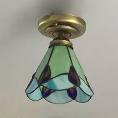 Tiffany Style Floral Semi Flush Ceiling Light Fixture in Aged Brass for Bedroom - Stained Glass, 6.5" W x 5" H