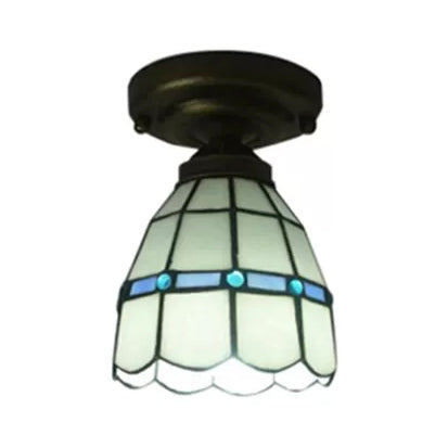 Tiffany Style Stained Glass Ceiling Light Fixture - White Floral Semi Flush Mount with Jewel - Perfect for Bedroom