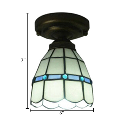 Tiffany Style Stained Glass Ceiling Light Fixture - White Floral Semi Flush Mount with Jewel - Perfect for Bedroom