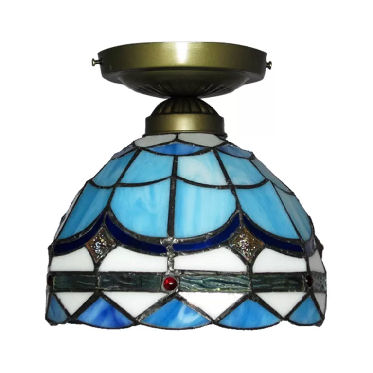 Blue Tiffany Semi Flush Ceiling Light for Bedroom with Art Glass Shade - 7.5 x 8 inches