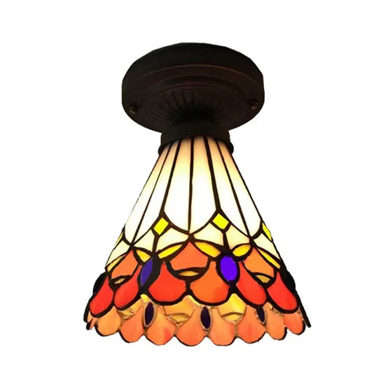 Bronze Mini Semi Flush Mount Tiffany Style Ceiling Light with Stained Glass Floral Shade - 8"H x 6"D