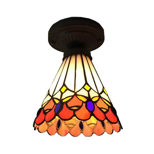 Bronze Mini Semi Flush Mount Tiffany Style Ceiling Light With Stained Glass Floral Shade - 8H X 6D