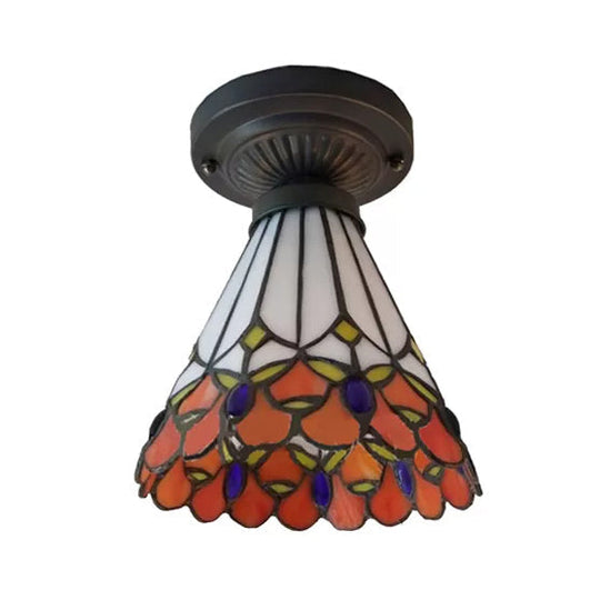 Bronze Mini Semi Flush Mount Tiffany Style Ceiling Light with Stained Glass Floral Shade - 8"H x 6"D