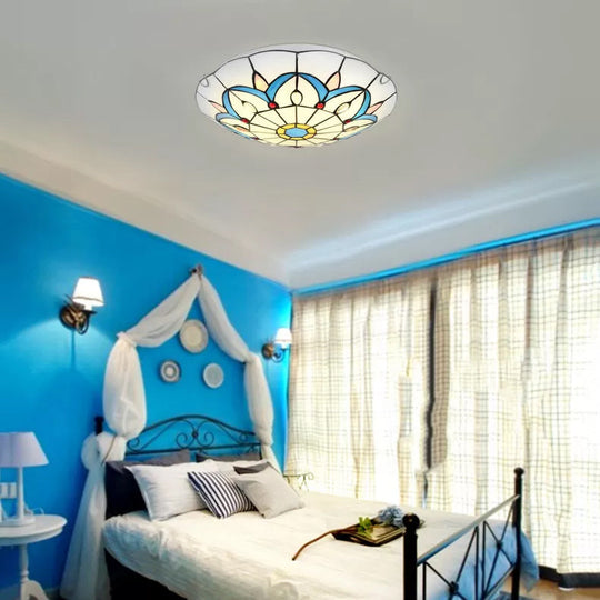 White Tiffany Ceiling Lights - 2-Light Flush Mount Fixture with Art Glass Floral Shade and Jewel - Ideal for Bedroom