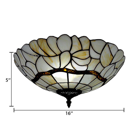 Tiffany 2-Light Bedroom Ceiling Flush Mount - Art Glass Dome Shade, 8" H x 16" D, White Fixture