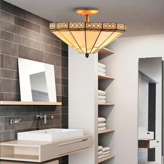 Mission Style Beige Glass Ceiling Light for Bedrooms - 2 Flared Semi Flush Lights, 12" H x 16" Diameter