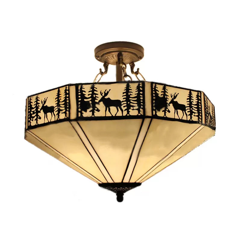 Antique Brass Ceiling Light: 2-Light Mission Semi Flush with Dear and Tree Pattern