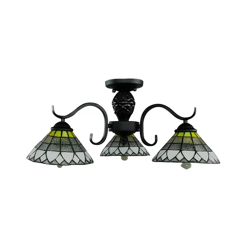 Black Tiffany Style Stained Glass Ceiling Light - 3-Light Flush Mount for Bedroom