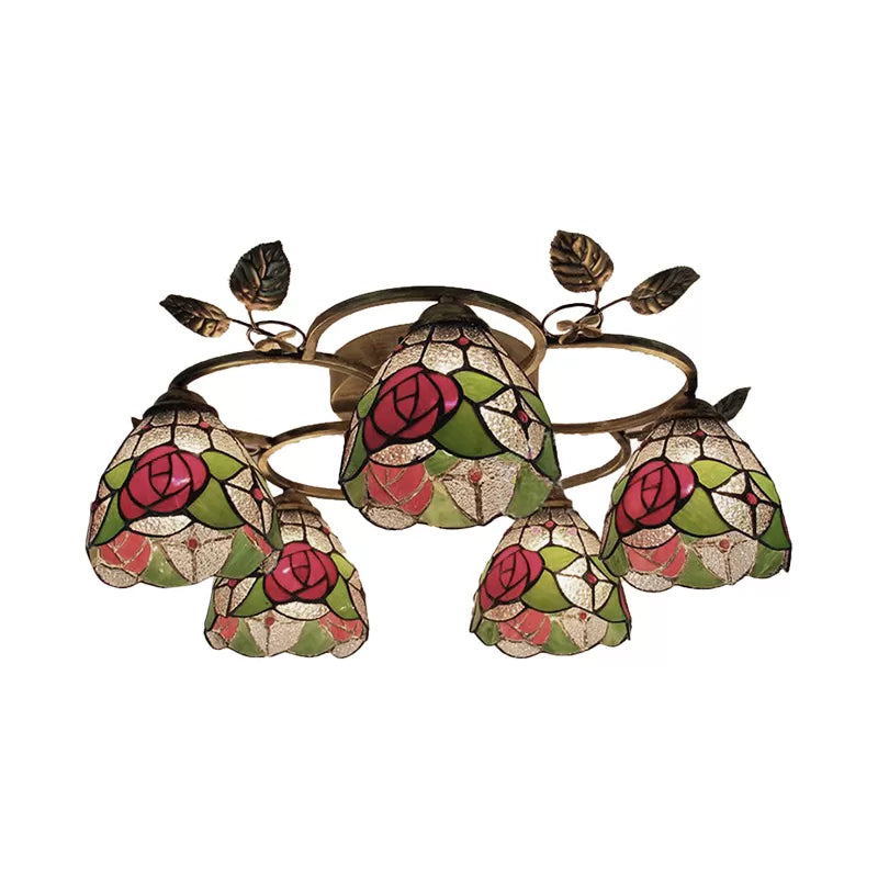 Red Rose Stained Glass Ceiling Light Fixture, Tiffany Style, Semi Flush 5-Light with Bell Shade for Living Room