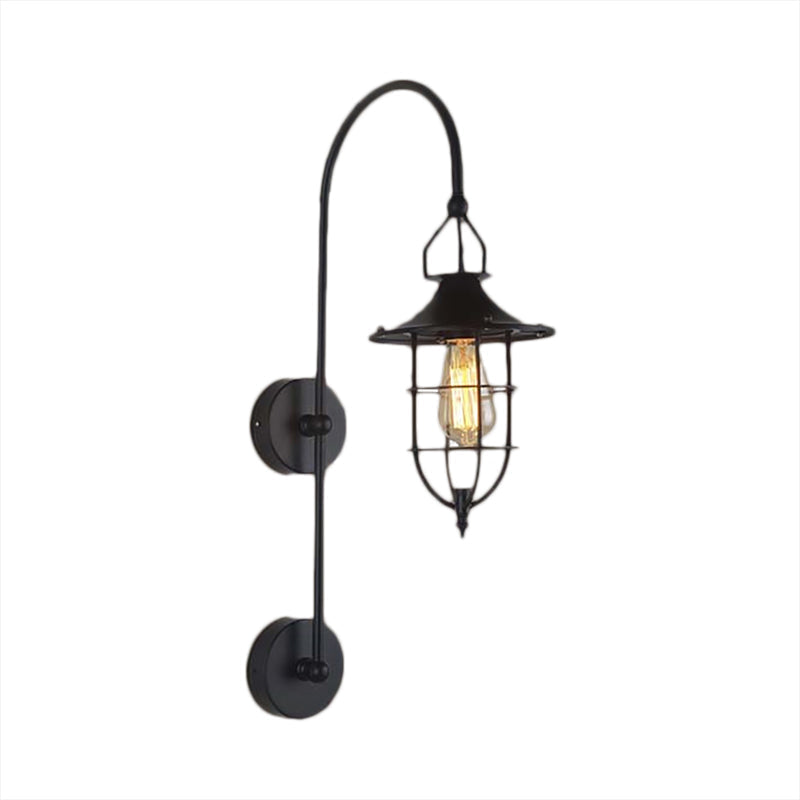 Traditional Metal Caged Wall Sconce In Black - 1 Light Living Room Lighting Fixture