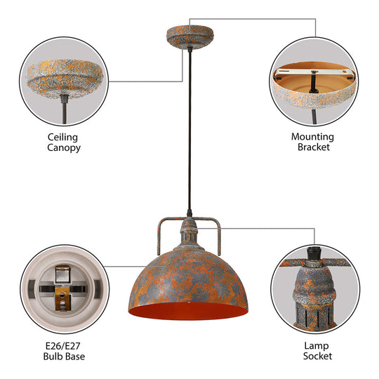 Antique Style Rust Finish Pendant Light With Wrought Iron Frame And Vented Socket - Perfect For