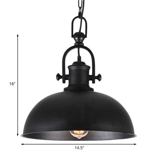 Industrial Metal Pendant Light With Adjustable Chain - Bedroom Hanging Bowl Shade 1 Bulb Black Color