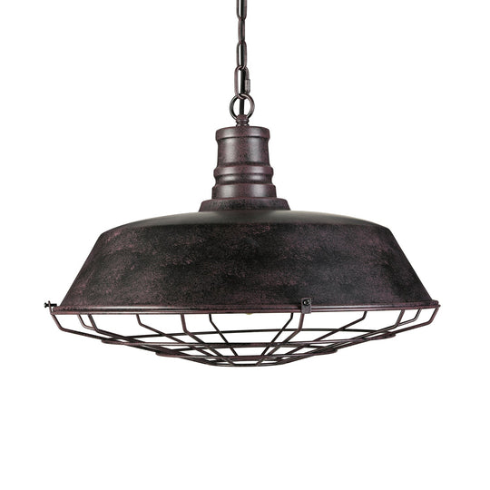 Rustic Wire Frame Hanging Light with Barn Shade - Wrought Iron Ceiling Fixture in Bronze