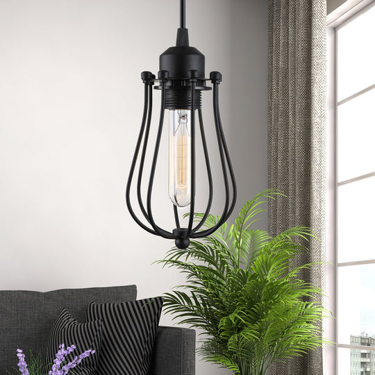 Retro Style 1-Light Pendant Lamp with Metal Cage Shade - Black