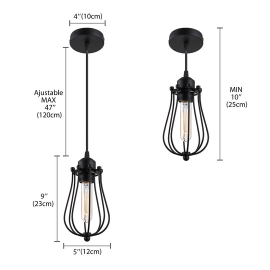 Retro Style 1-Light Pendant Lamp With Bulb Cage Shade Metallic Hanging Light In Black For Living