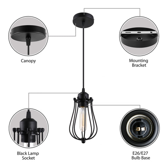 Retro Style 1-Light Pendant Lamp With Bulb Cage Shade Metallic Hanging Light In Black For Living