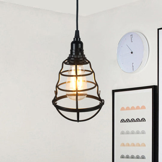 Retro Industrial 1-Head Hanging Lamp: Iron Wire Guard, Black Finish