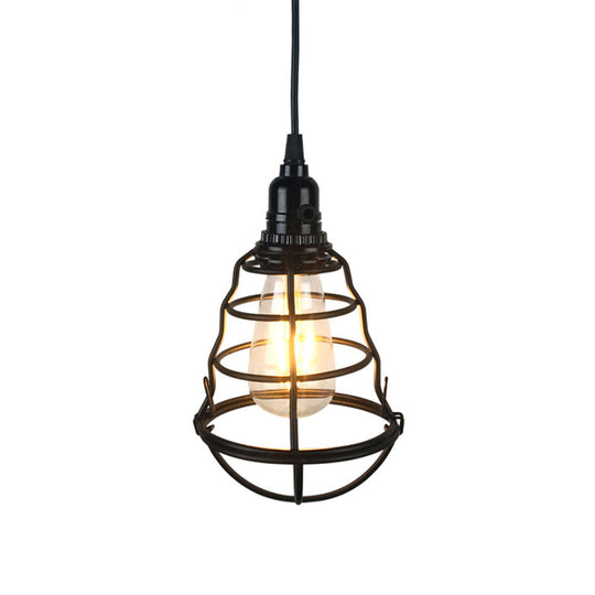 Retro Industrial 1-Head Hanging Lamp: Iron Wire Guard, Black Finish