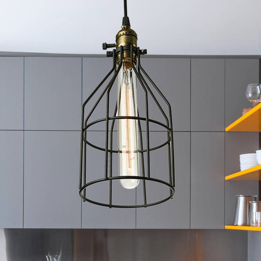 Vintage Style Wire Cage Pendant Lamp 1-Light Ceiling Metallic Shade Black Perfect For Kitchen