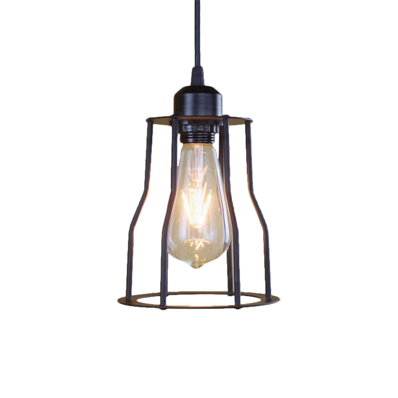 Industrial Style Hanging Ceiling Light with Metal Black Finish Cylinder Shade and Cage