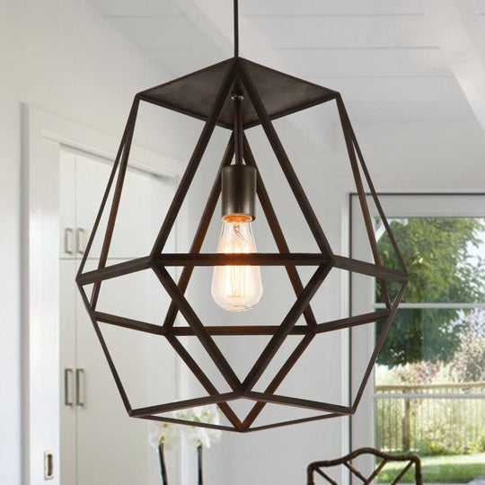 Industrial Polygon Metal Pendant Light Fixture with Wire Guard - Black