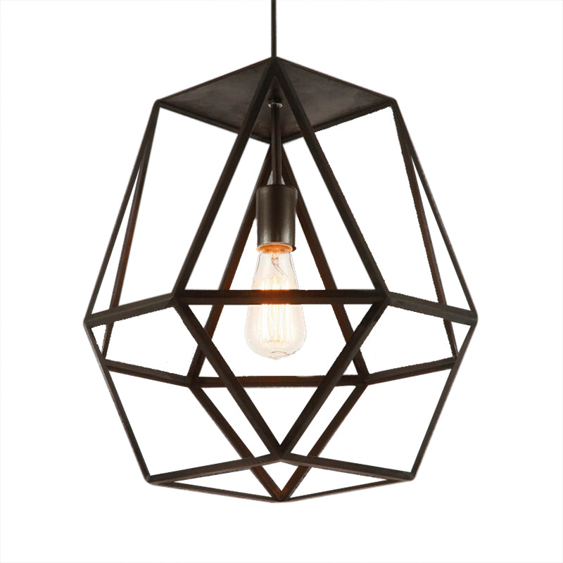 Industrial Polygon Metal Pendant Light Fixture with Wire Guard - Black