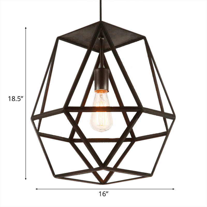 Industrial Polygon Metal Pendant Light Fixture with Wire Guard - Black