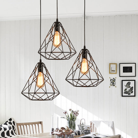 Retro 1-Head Metallic Ceiling Pendant Light For Dining Room - Open Cage Design In Black