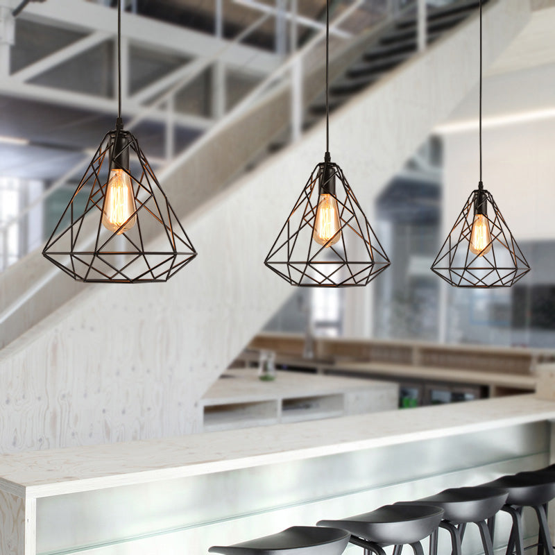 Black Open Cage Metallic Pendant Light for Retro Loft Dining Rooms