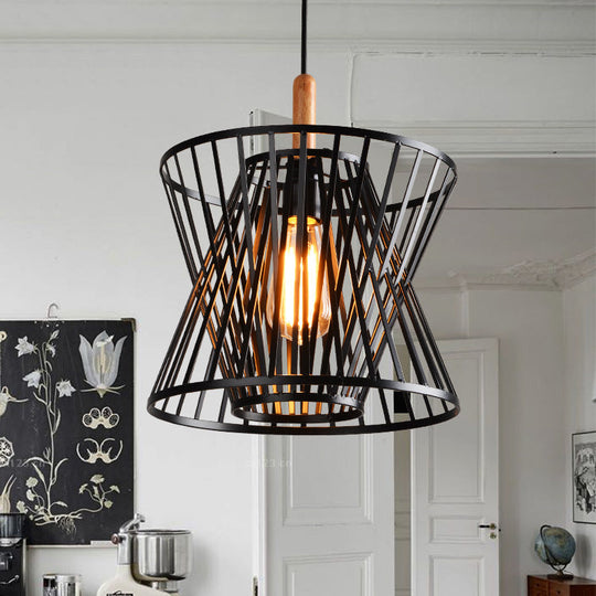 Black Industrial Style Pendant Light with Metallic Cone Cage Shade - Perfect for Tabletop Illumination