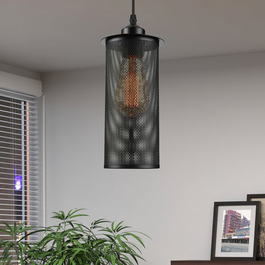 Industrial Black Metal Pendant Light - Cylinder Design With Mesh Screen Ideal For Living Room