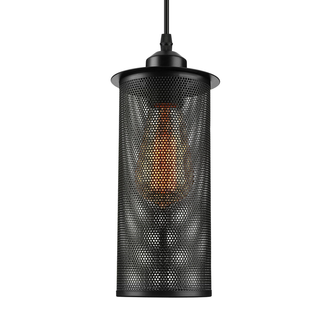 Industrial Black Metal Pendant Light - Cylinder Design With Mesh Screen Ideal For Living Room