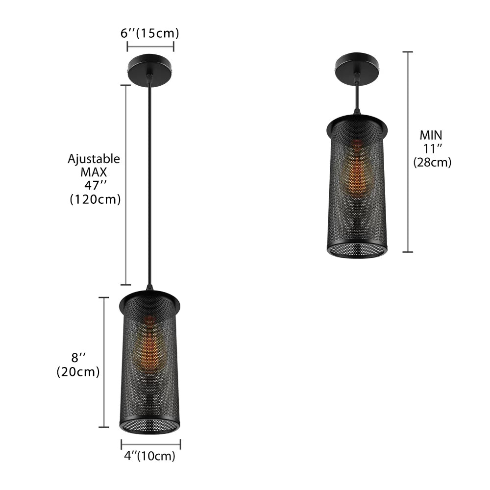 Industrial Black Metal Pendant Light - Cylinder Design With Mesh Screen Ideal For Living Room