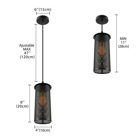 Industrial Black Metal Pendant Light - Cylinder Design With Mesh Screen Ideal For Living Room