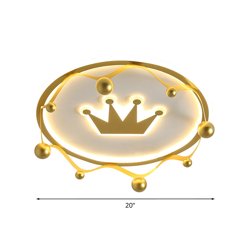 Cartoon Acrylic Led Flush-Mount Ceiling Light With Gold Crown And Ball Finial - Warm/White Lighting