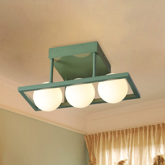 Modern Iron Semi Flush Ceiling Lamp with Globe White Glass Shade - Green, 3/4/6-Head Macaron Design