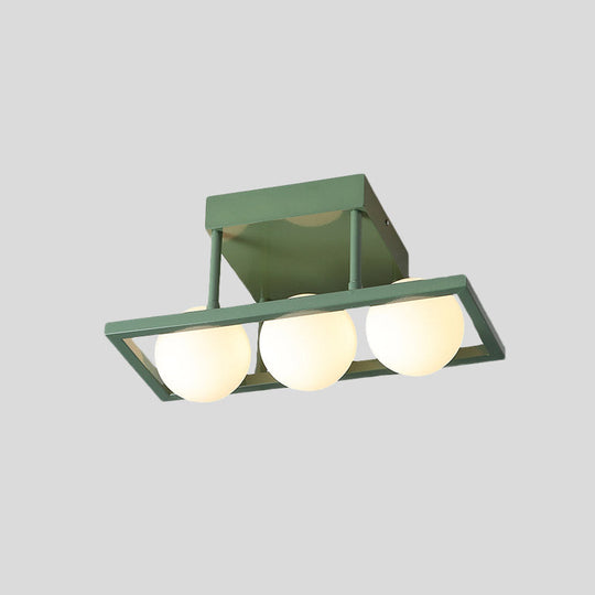 Modern Iron Semi Flush Ceiling Lamp with Globe White Glass Shade - Green, 3/4/6-Head Macaron Design