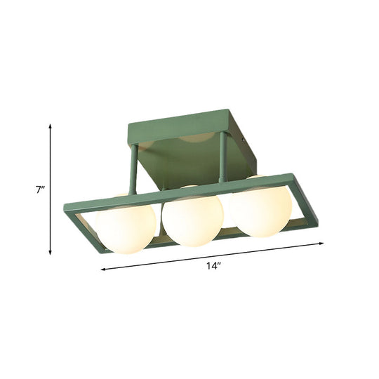 Modern Iron Semi Flush Ceiling Lamp with Globe White Glass Shade - Green, 3/4/6-Head Macaron Design