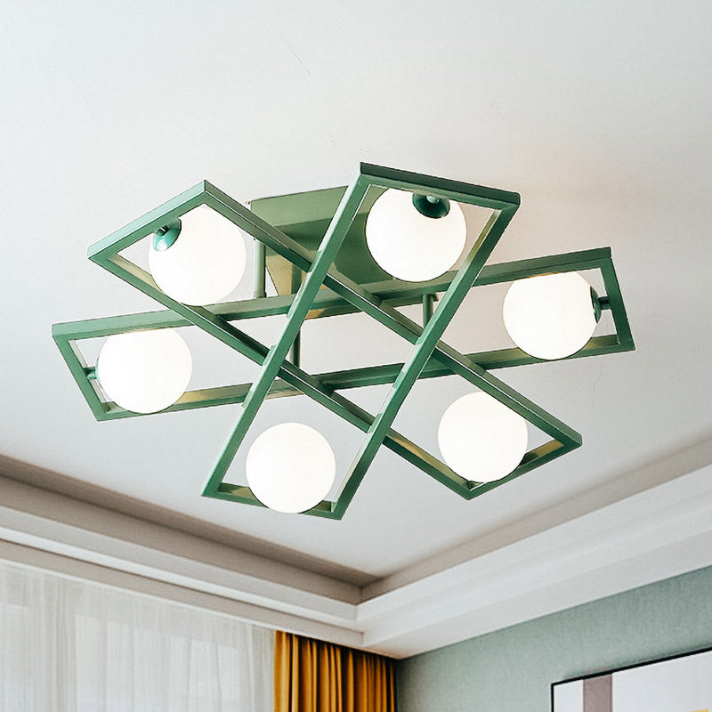 Modern Iron Semi Flush Ceiling Lamp with Globe White Glass Shade - Green, 3/4/6-Head Macaron Design