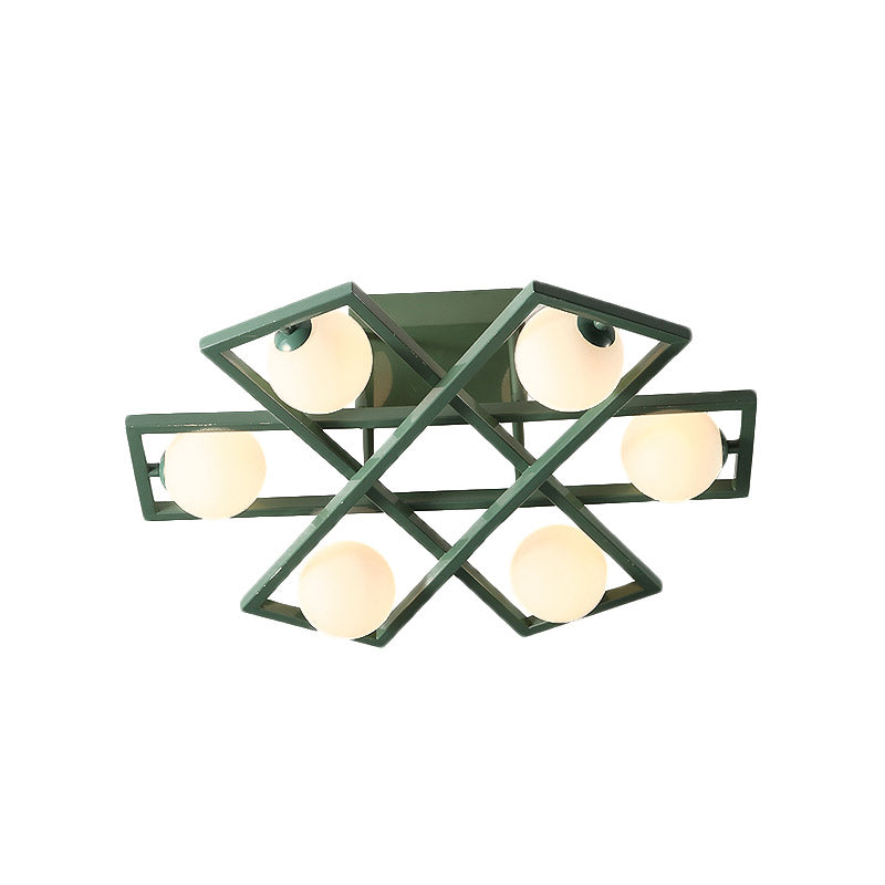 Modern Iron Semi Flush Ceiling Lamp with Globe White Glass Shade - Green, 3/4/6-Head Macaron Design