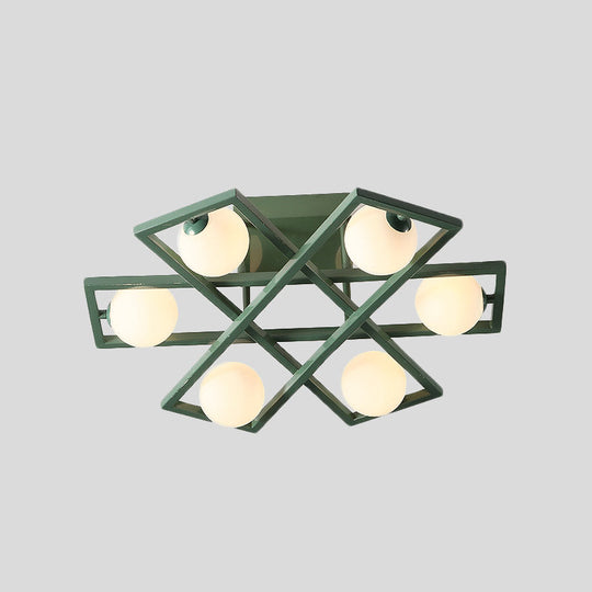 Modern Iron Semi Flush Ceiling Lamp with Globe White Glass Shade - Green, 3/4/6-Head Macaron Design