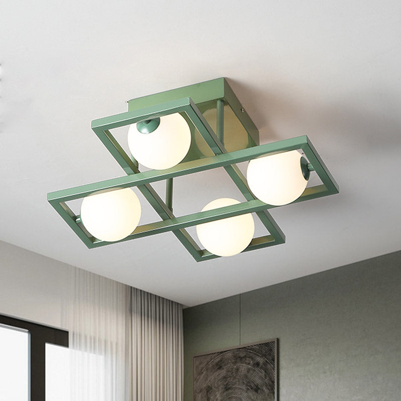 Modern Iron Semi Flush Ceiling Lamp with Globe White Glass Shade - Green, 3/4/6-Head Macaron Design