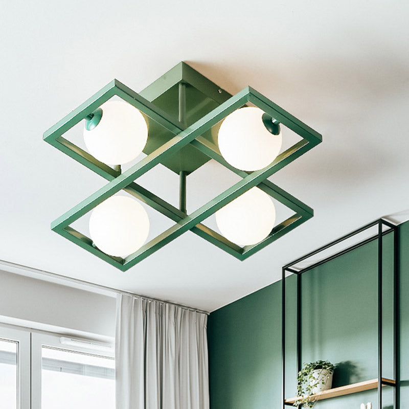 Modern Iron Semi Flush Ceiling Lamp with Globe White Glass Shade - Green, 3/4/6-Head Macaron Design