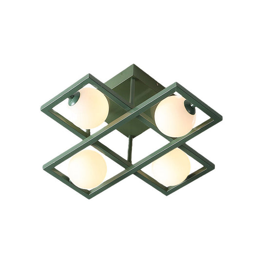 Modern Iron Semi Flush Ceiling Lamp with Globe White Glass Shade - Green, 3/4/6-Head Macaron Design