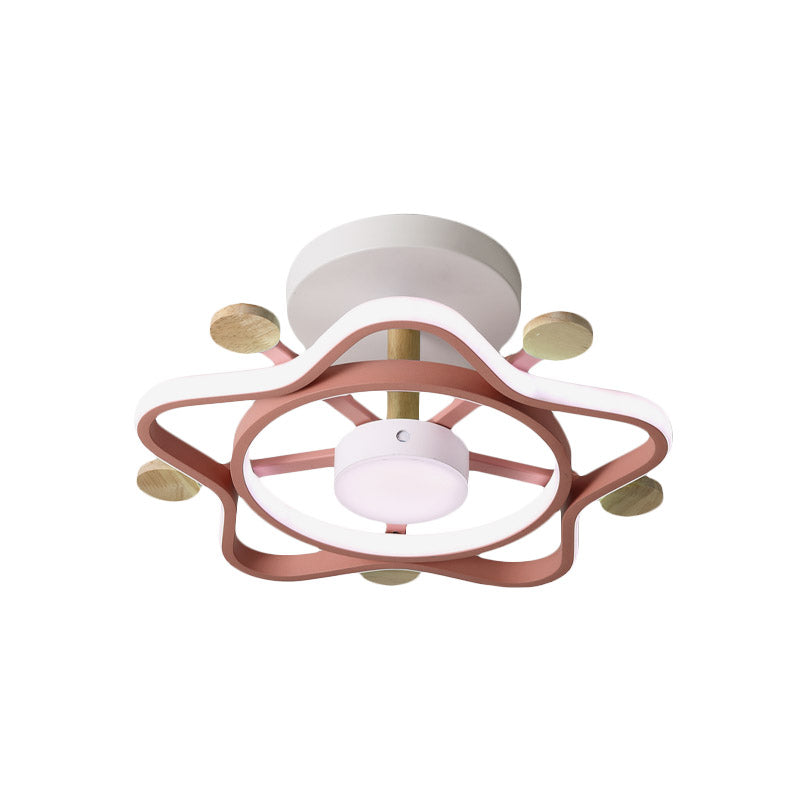 Kids Pink/Blue Wood Pentagram Led Semi Flush Light - Ceiling Lighting For Baby Room In Warm/White